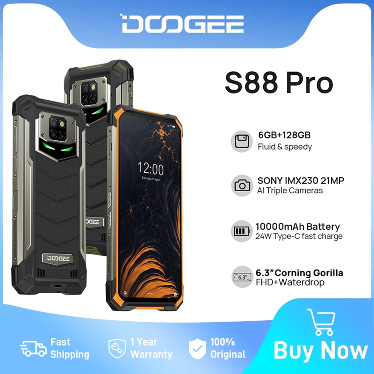DOOGEE S88 프로 견고한 6.3 인치 FHD 디스플레이, 헬리오 P70 옥타코어 21MP 트리플 카메라, 10000mAh 배터리, 24W 고속 충전 NFC, 6GB 128GB